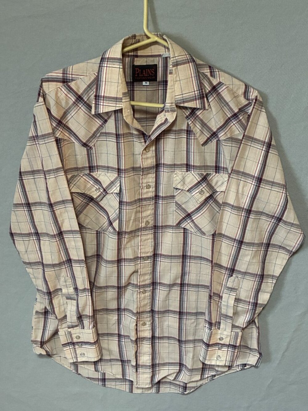 Plains Men's Medium Shirt Beige Plaid Western Pearl Snap Long Sleeve Vintage